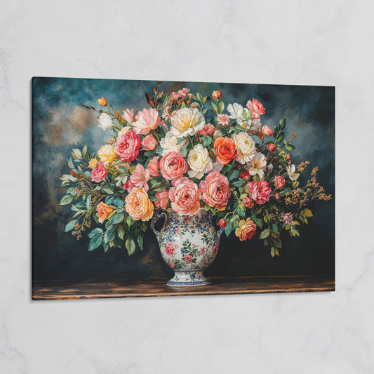 Floral Still Life with Roses and Moss Green on gallery wrap canvas