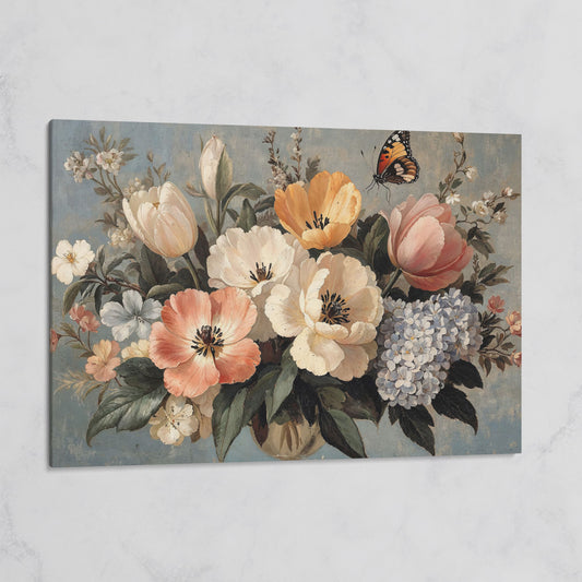 Vintage Floral Botanical Art with Butterfly Canvas on gallery wrap