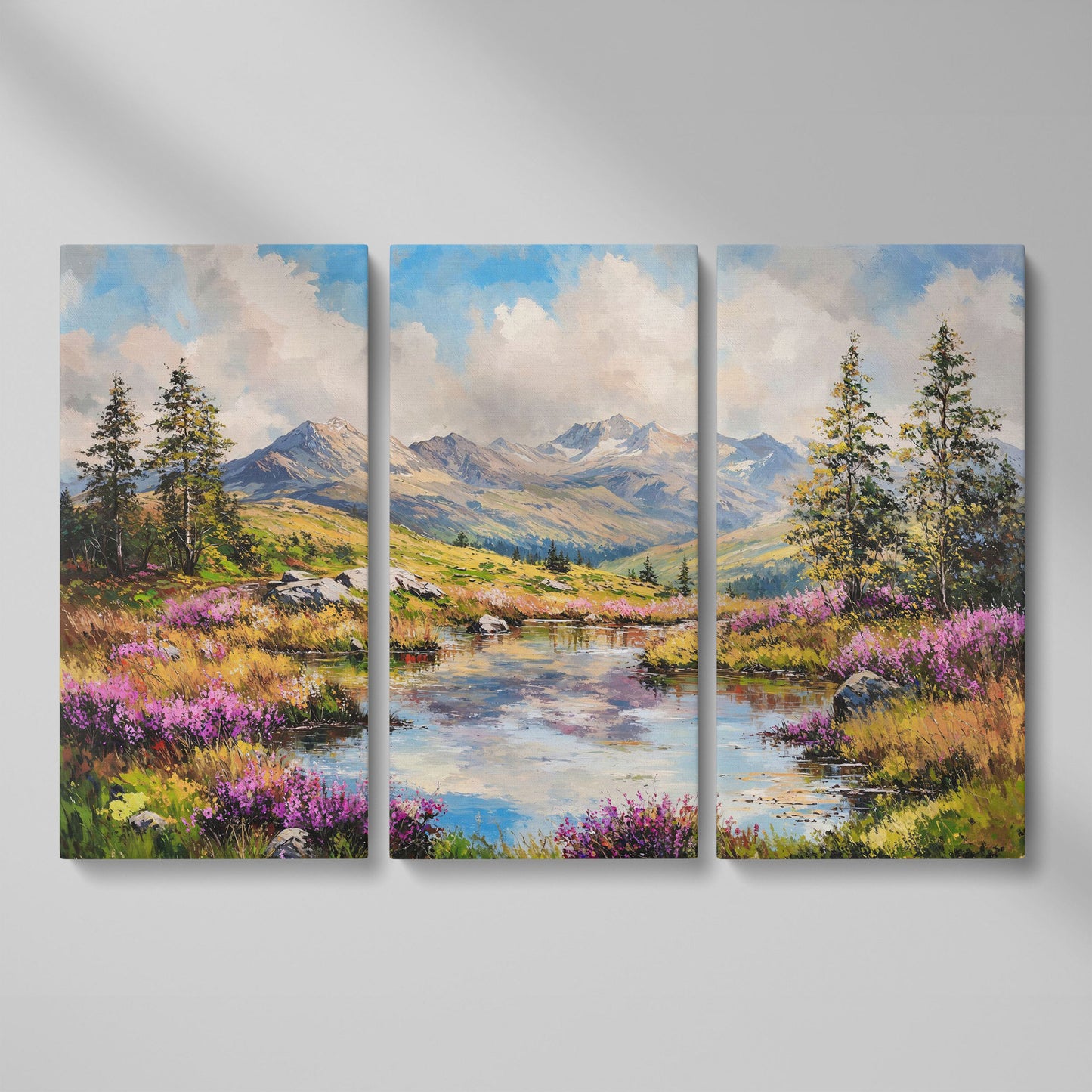 Summer Mountain Lake Canvas as 3-panel split version