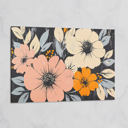 Vintage Floral Canvas with Peach Blooms on Charcoal on gallery wrap