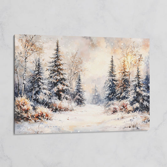 Snowy Evergreen Forest Canvas Wall Art, Winter Landscape on gallery wrap