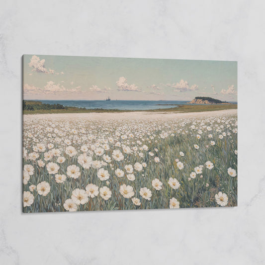 Seascape with Wildflower Field and Sailing Ships Canvas on gallery wrap