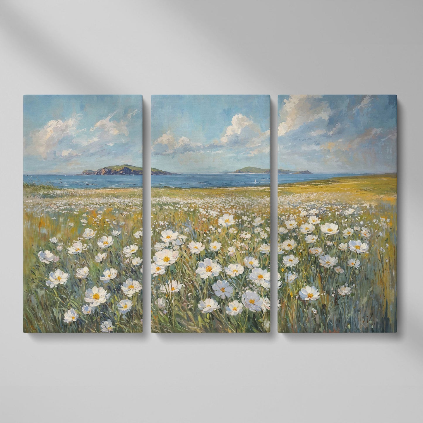 Seaside Landscape Canvas with Wildflowers and Bay as 3-panel split version