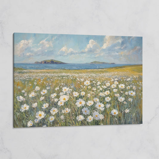 Seaside Landscape Canvas with Wildflowers and Bay on gallery wrap