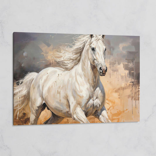 Running White Horse Abstract Canvas Art, Western Equestrian Wall Art on gallery wrap