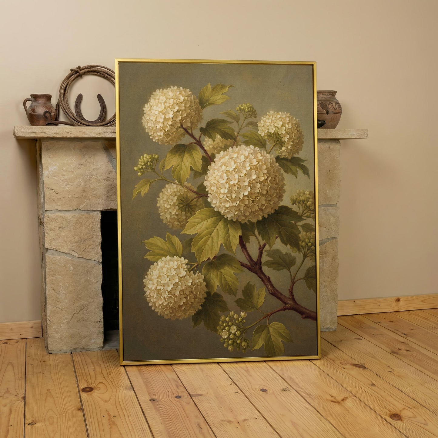 Snowball Viburnum Botanical Canvas Art, Sage Green Floral Portrait in yellow gold floating frame