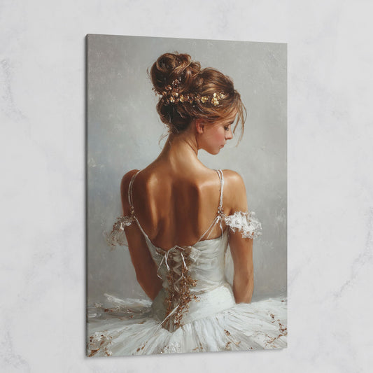 Ballerina in White Canvas Art, Portrait View From Behind on gallery wrap