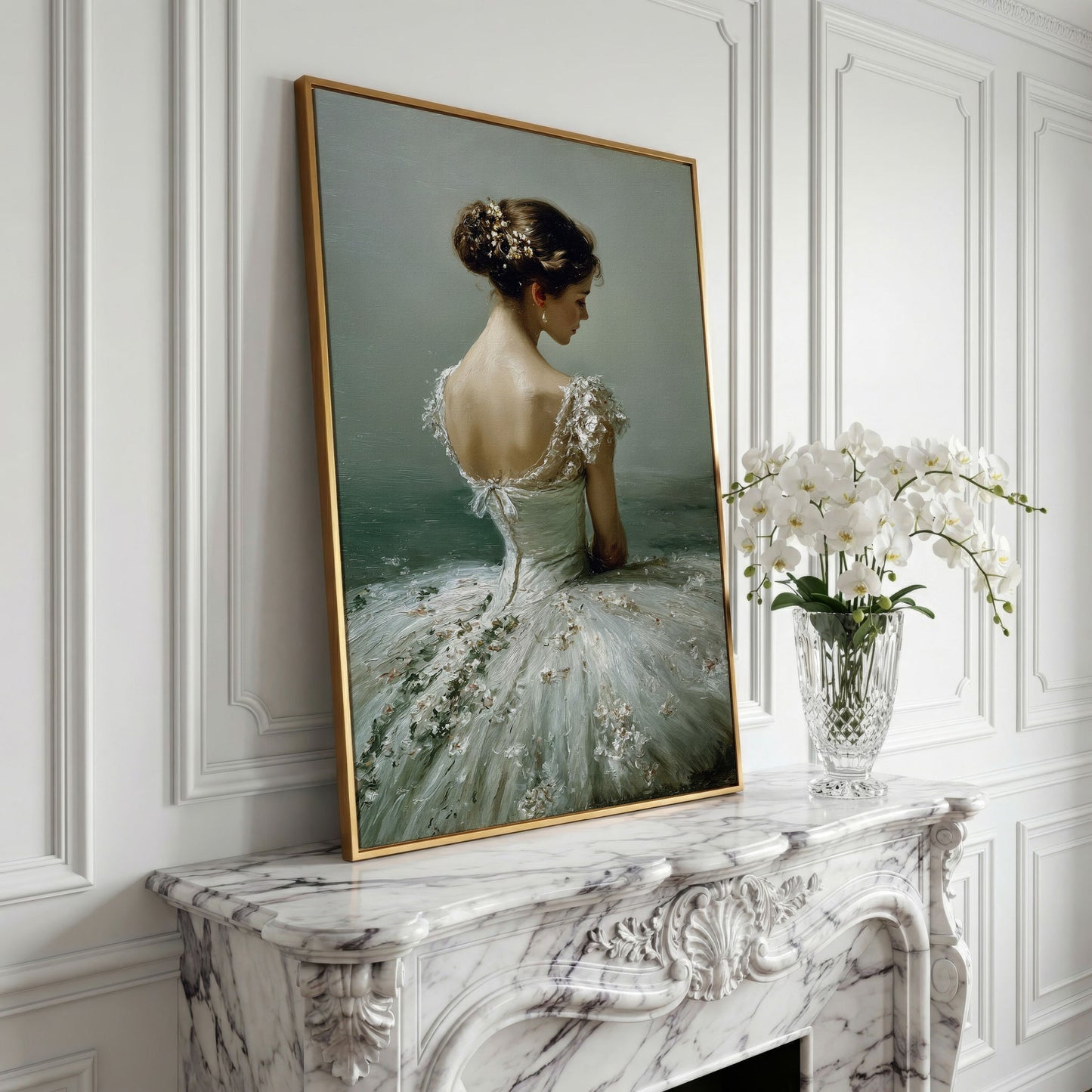 Ballerina in White Gown Canvas Art, Floral Hair, Portrait Wall Decor in yellow gold floating frame