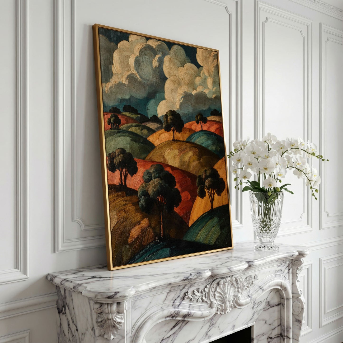 Rolling Hills and Cloud Sky Canvas Print, French Countryside Landscape in yellow gold floating frame