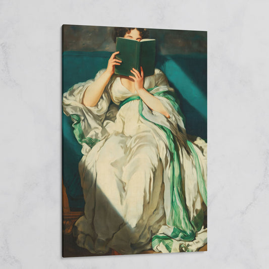 Woman Reading on a Turquoise Sofa. Canvas Wall Art for Book Lovers on gallery wrap