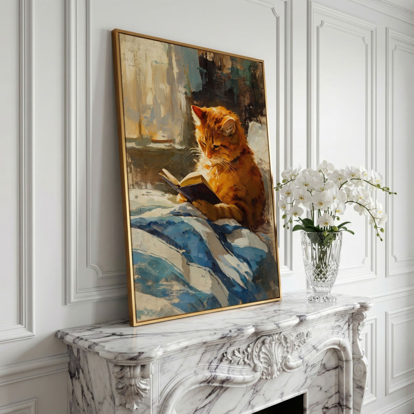 Reading Ginger Cat Canvas Art, Tabby with Book by Window in yellow gold floating frame