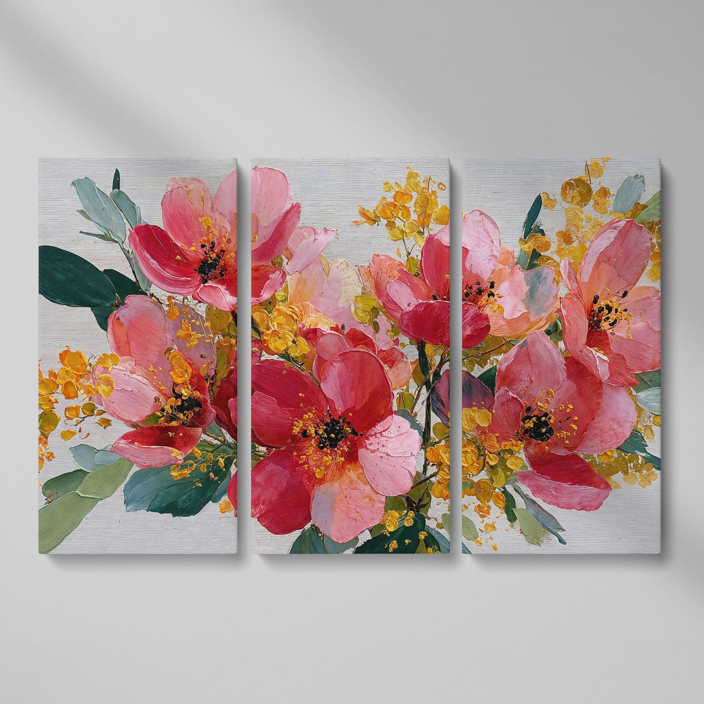 Bold Botanical Floral Canvas Wall Art, Pink and Green as 3-panel split version