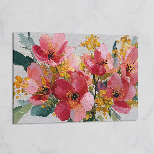 Bold Botanical Floral Canvas Wall Art, Pink and Green on gallery wrap
