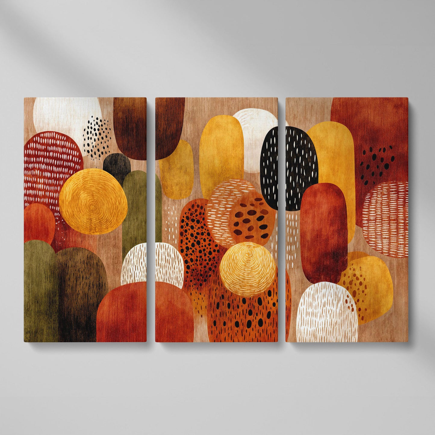 Terracotta and Olive Abstract Shapes Canvas Wall Art as 3-panel split version