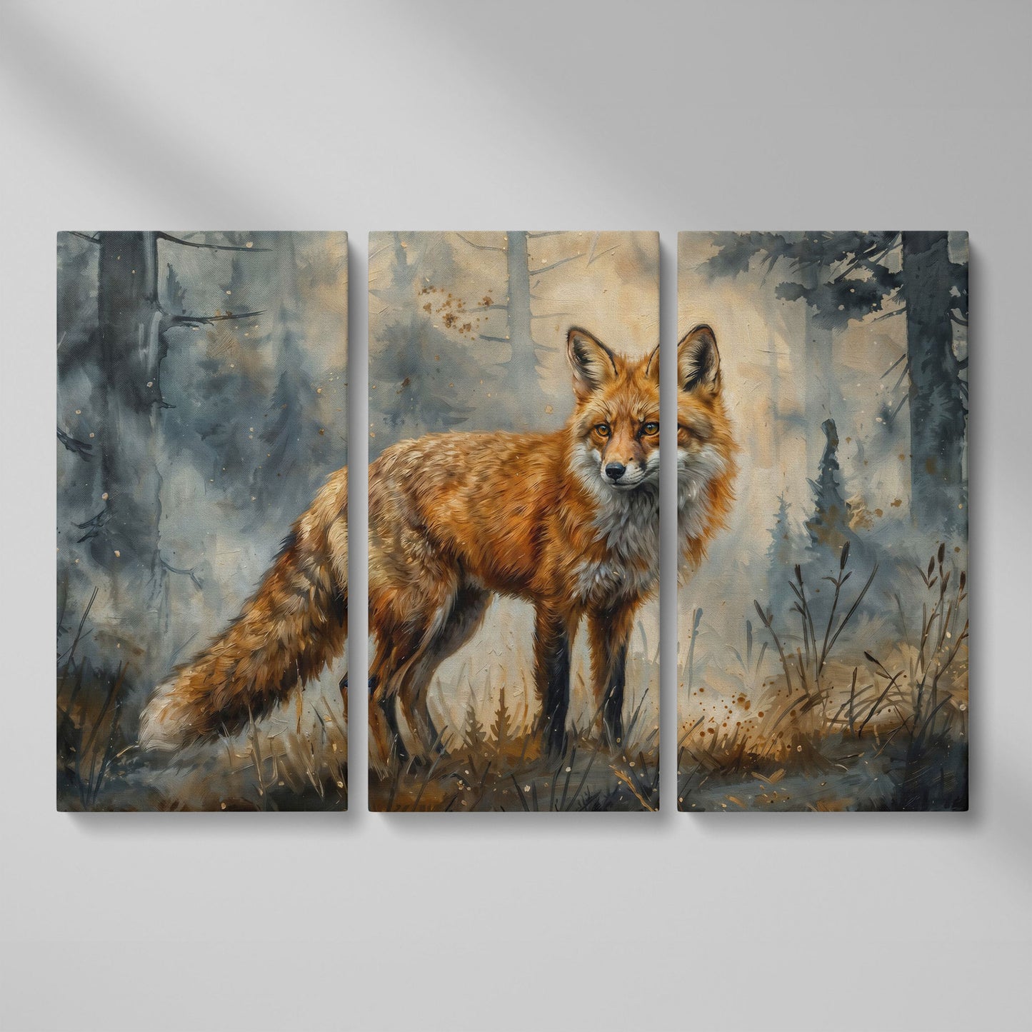 Fox Portrait in the Forest, Canvas Wall Art as 3-panel split version