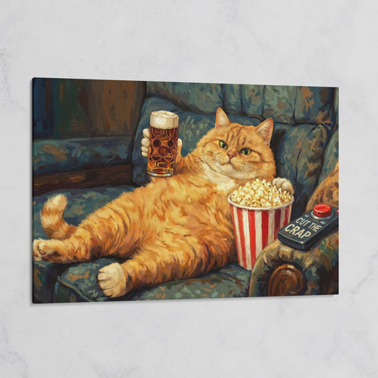 Cut the Crap Cat Canvas Art, Funny Tabby on Couch with Beer on gallery wrap