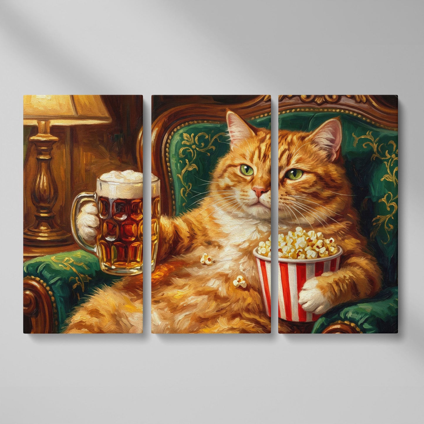 Ginger Cat with Beer and Popcorn Canvas Art, Funny Animal Print as 3-panel split version