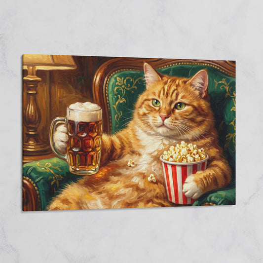 Ginger Cat with Beer and Popcorn Canvas Art, Funny Animal Print on gallery wrap