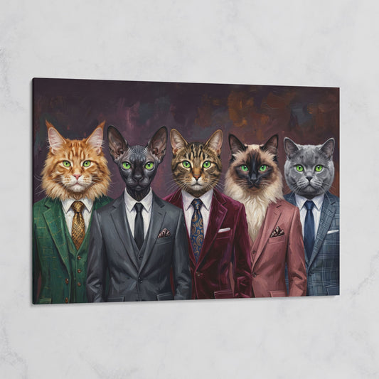 Five Cats in Suits Canvas Art, Funny Animal Wall Art on gallery wrap