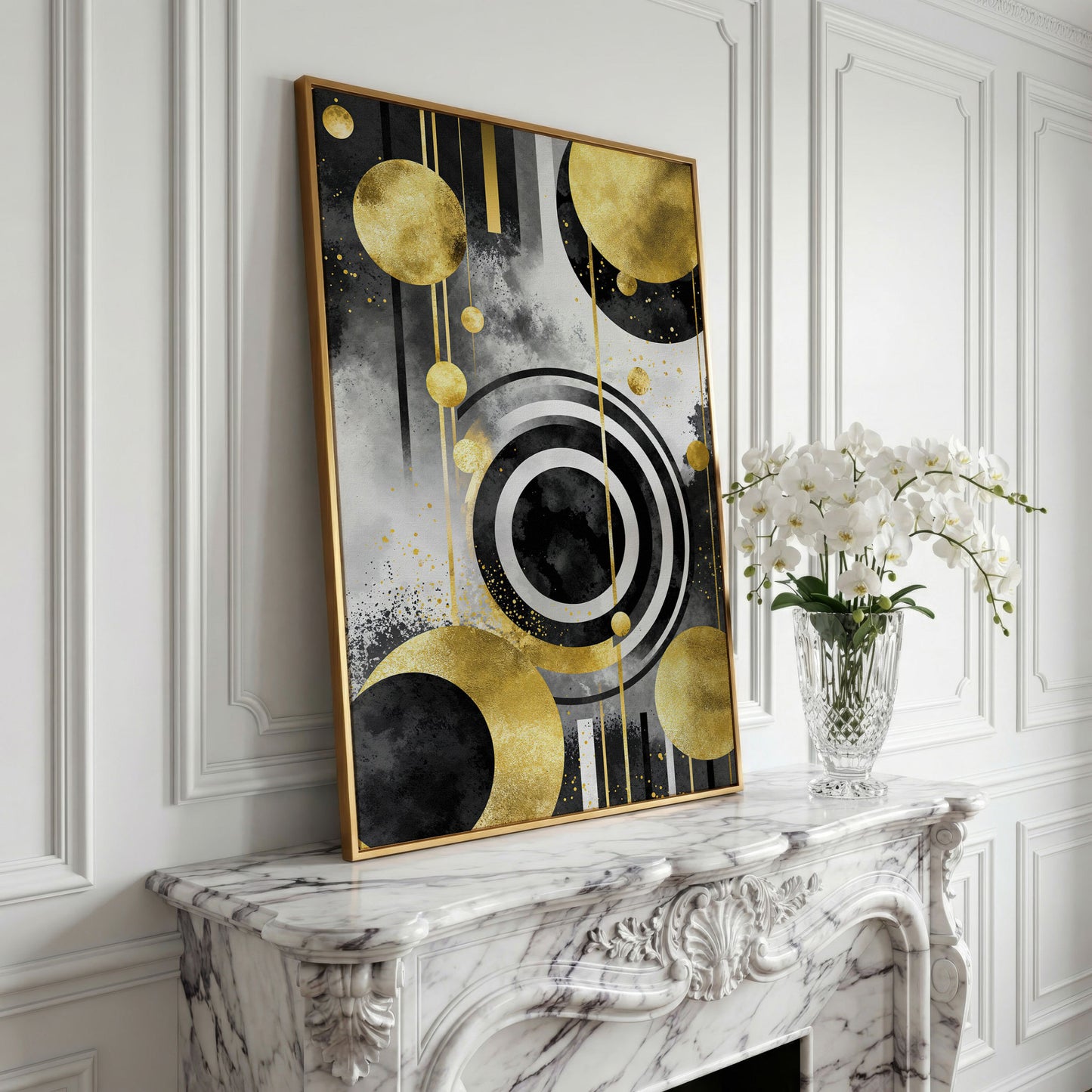 Abstract Geometric Circles and Lines Canvas Wall Art in yellow gold floating frame