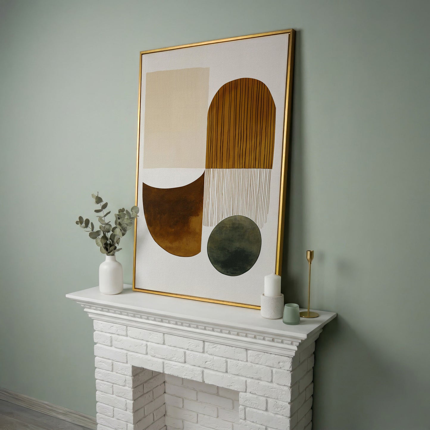 Abstract Geometric Shapes Canvas Wall Art, Portrait Print in yellow gold floating frame