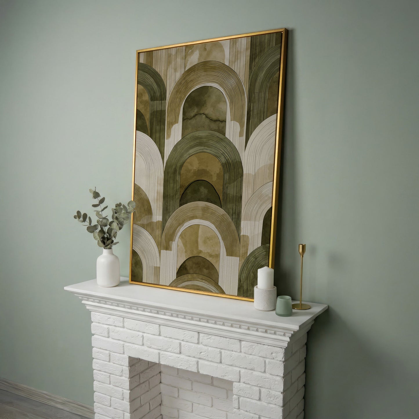 Arch and Rectangle Abstract. Geometric Canvas Wall Art in yellow gold floating frame