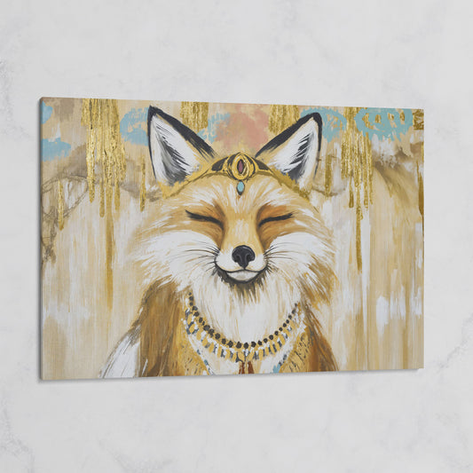 Crowned Fox Portrait Canvas Wall Art with Jeweled Headpiece on gallery wrap