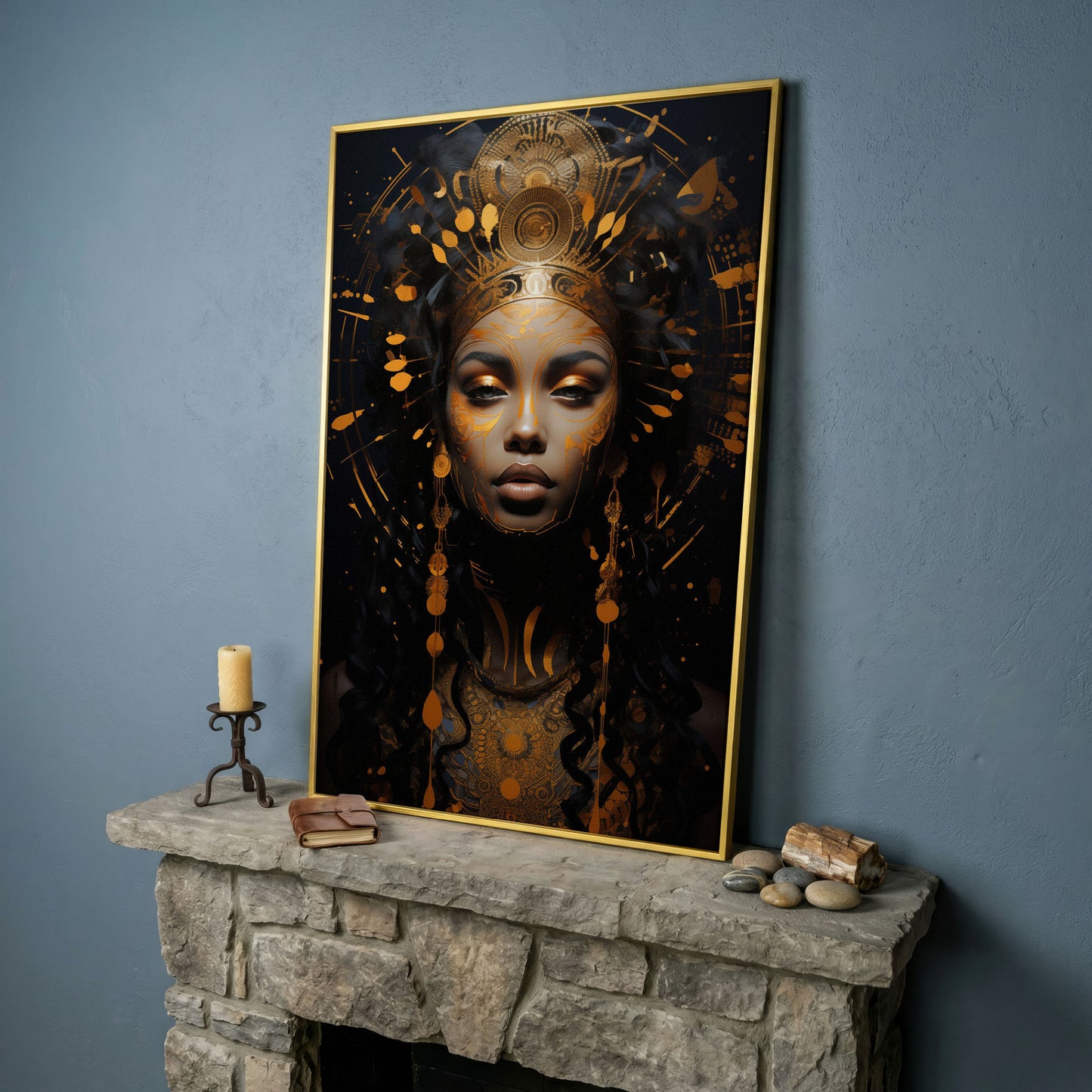 Empowered Beauty: African Woman Portrait Canvas in yellow gold floating frame