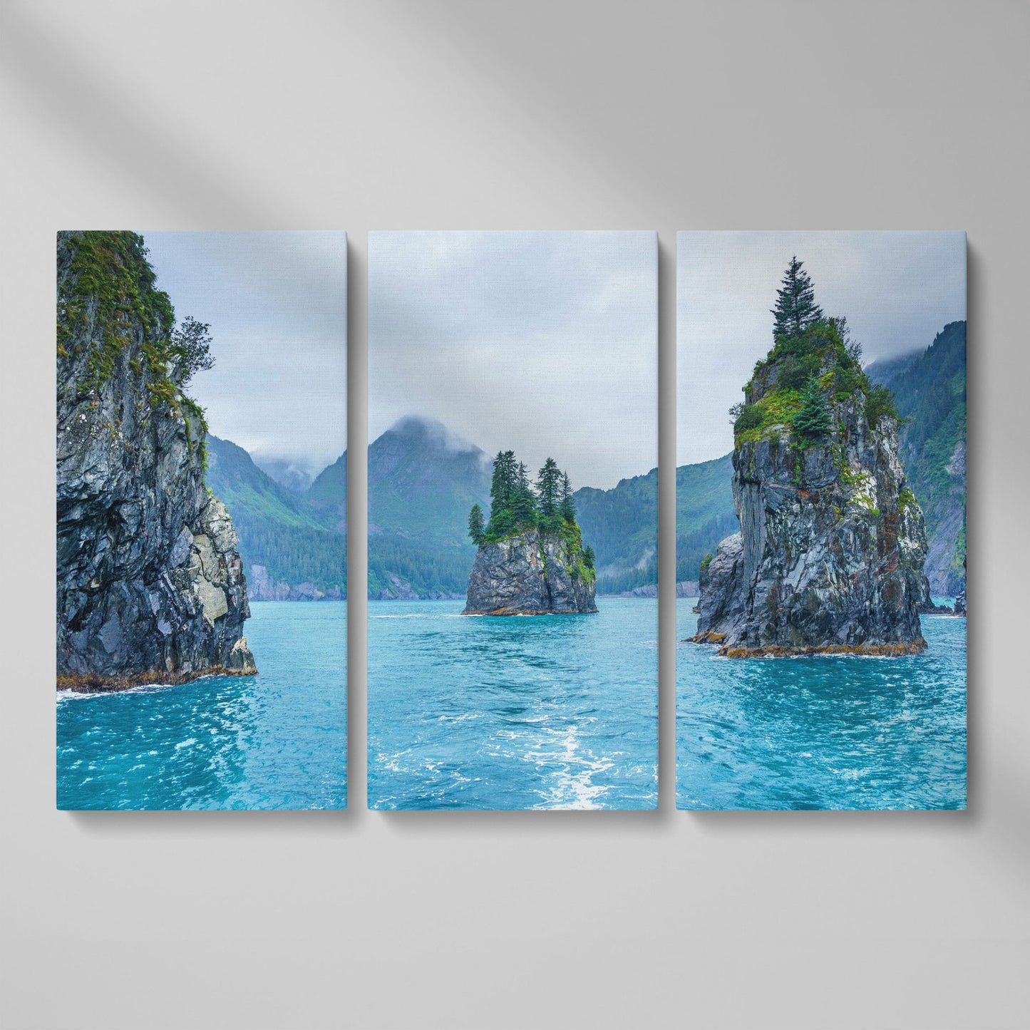 Serene Blue Waters and Trees Canvas Print. Alaska as 3-panel split version