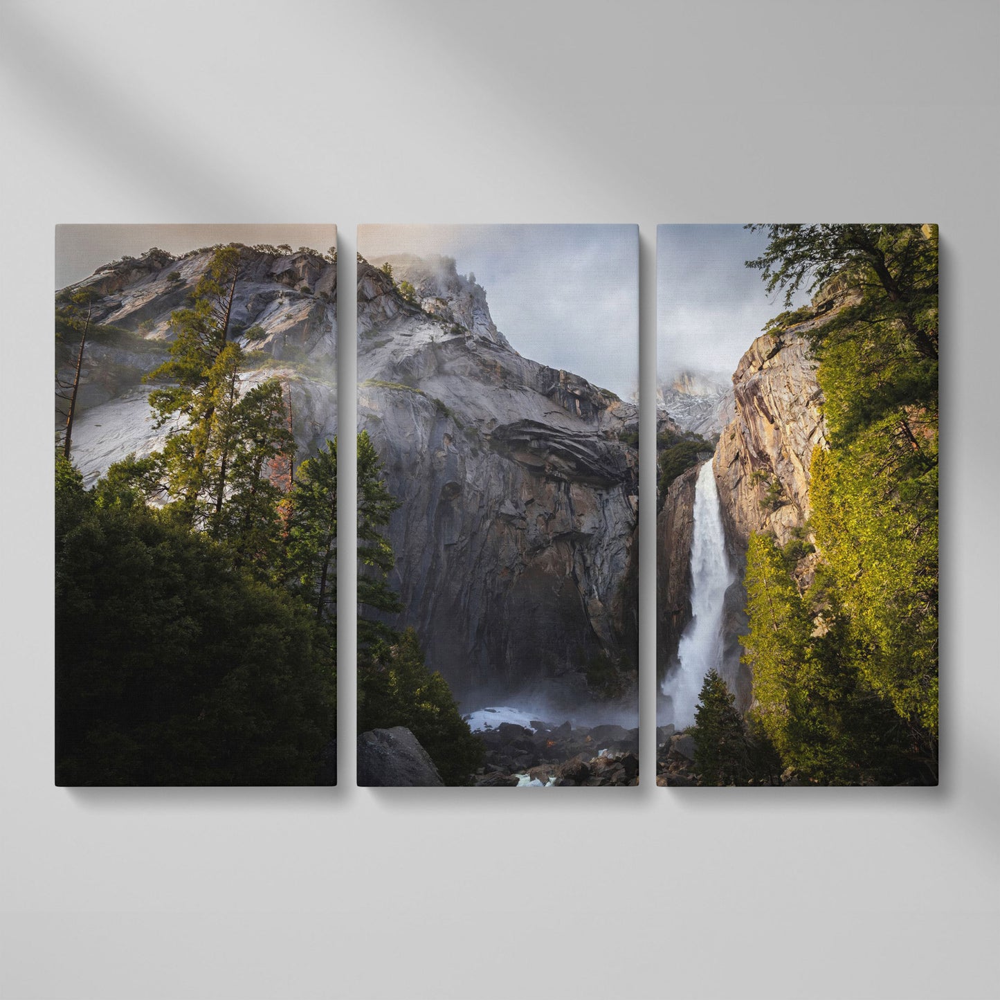 Winter Storm at Yosemite Falls Panoramic Canvas as 3-panel split version
