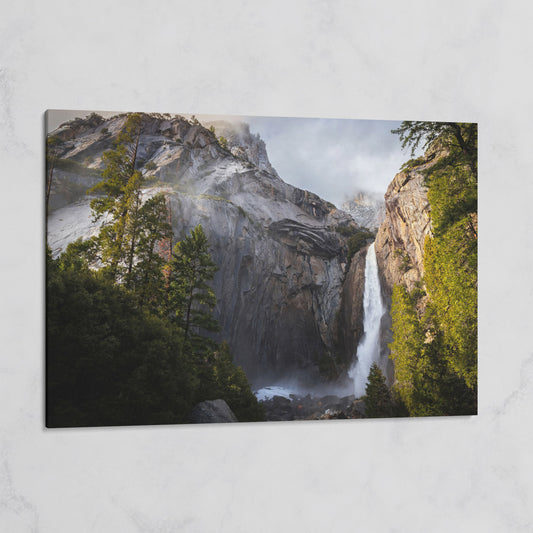 Winter Storm at Yosemite Falls Panoramic Canvas on gallery wrap