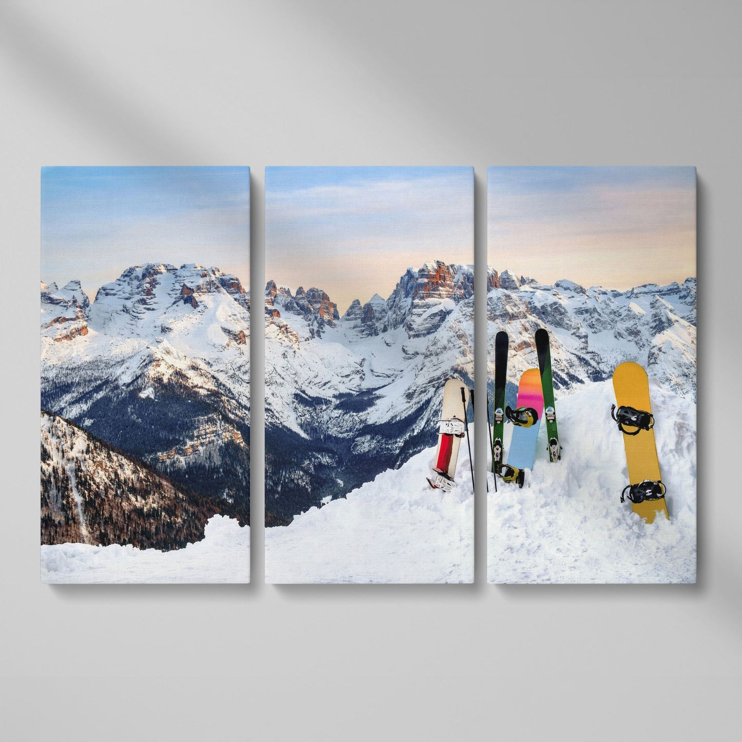 Alpine Adventure Canvas Print with Snowboards & Skis as 3-panel split version