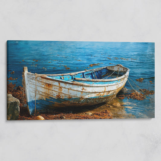 White and Blue Boat on Seashore Canvas on gallery wrap