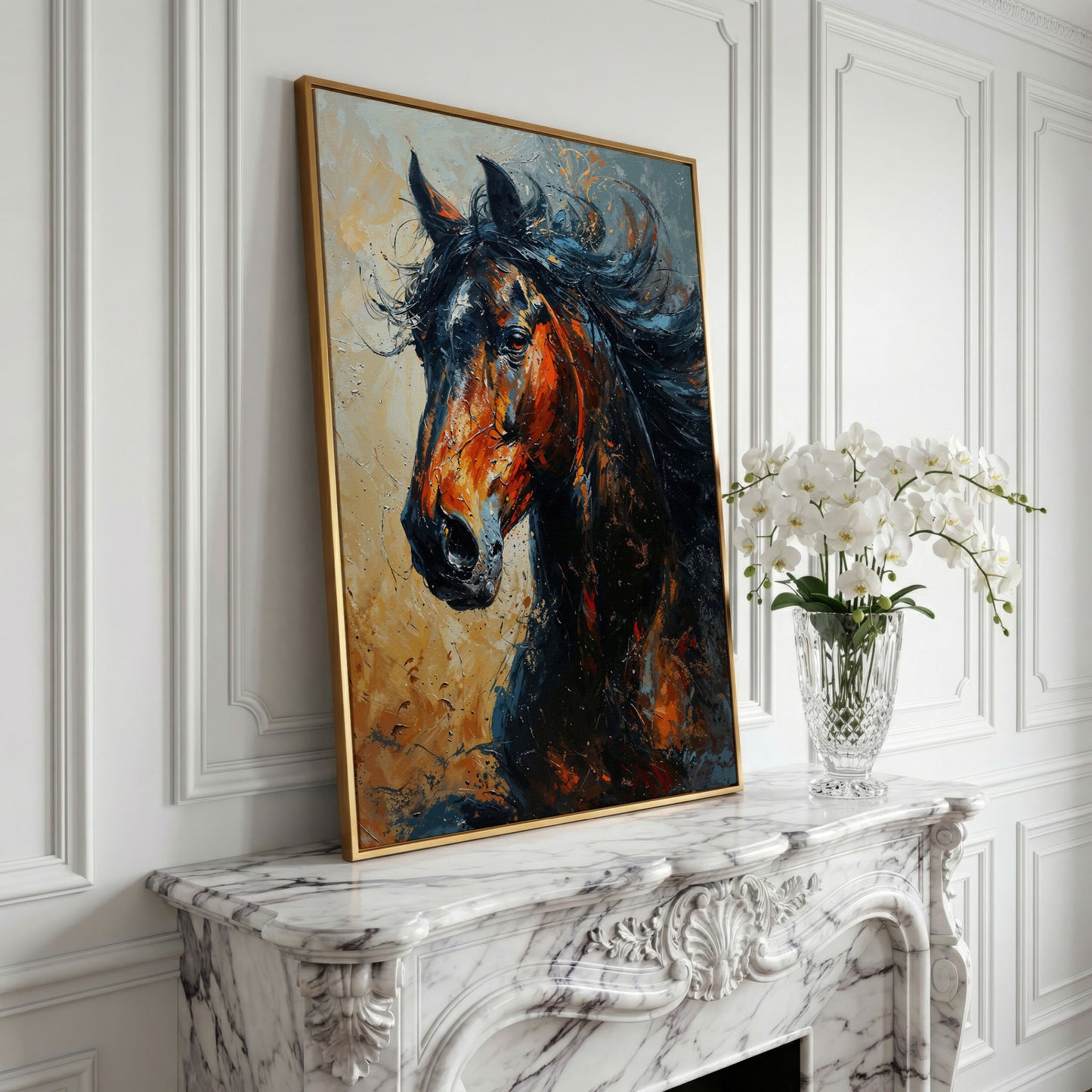 Brown Horse Portrait Canvas in yellow gold floating frame