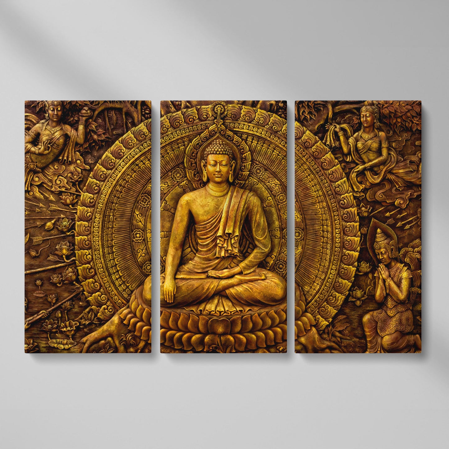 Golden Buddha Ornament Canvas as 3-panel split version