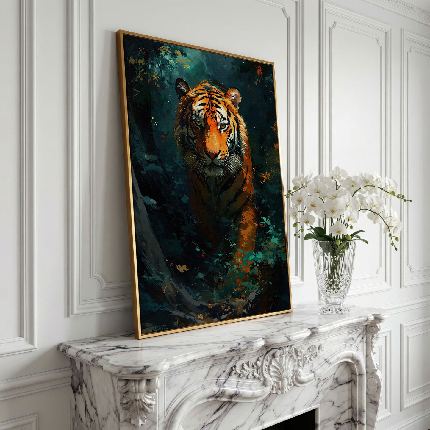 Tiger Hunting Scene Canvas in yellow gold floating frame