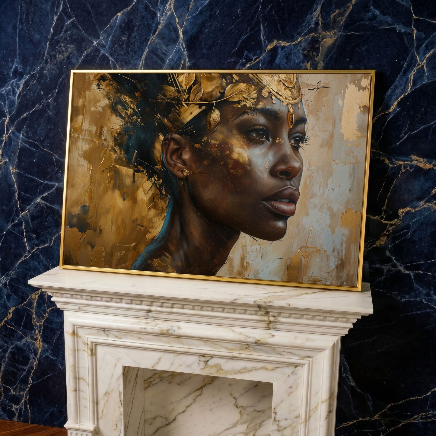 African American Girl Portrait with Gold Leaf Crown Canvas in yellow gold floating frame