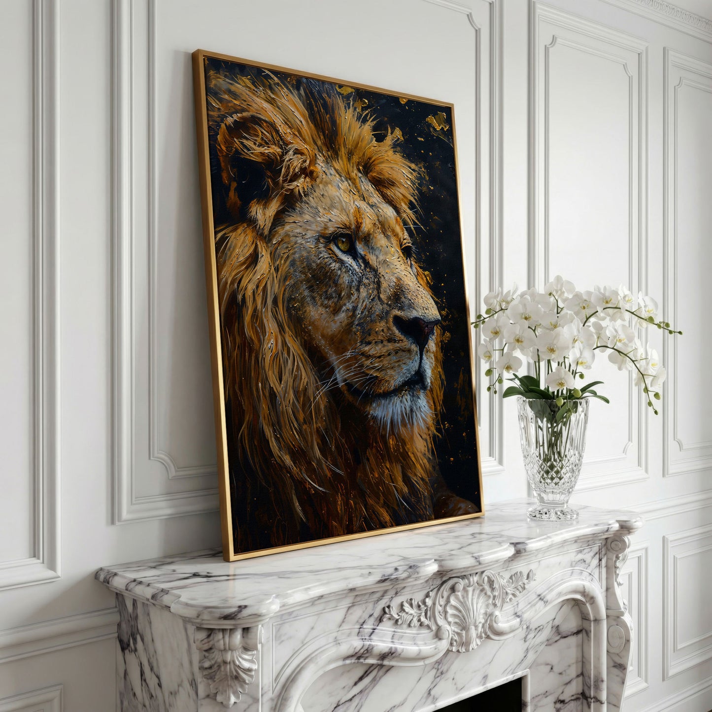 Lion Head Canvas Print with Gold Accents in yellow gold floating frame