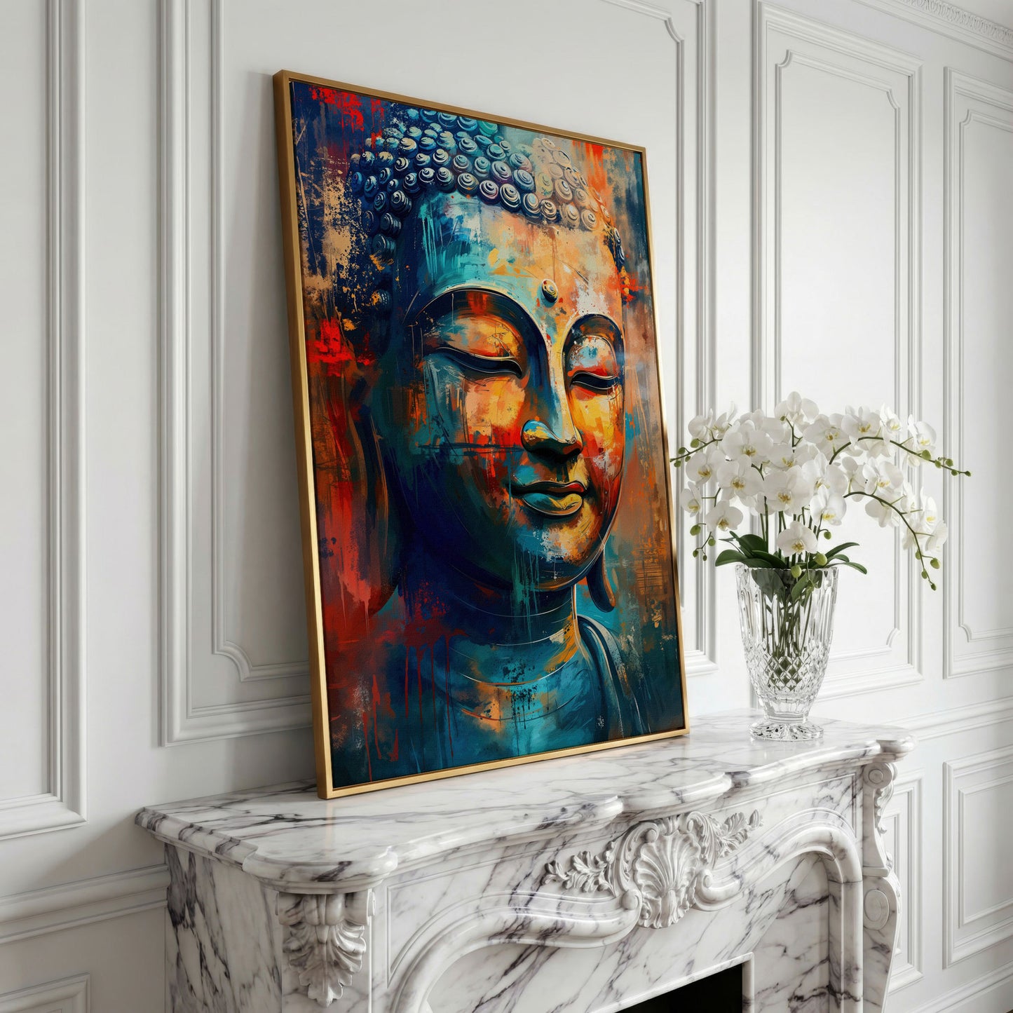 Modern Buddha Portrait Canvas in Teal and Sienna in yellow gold floating frame