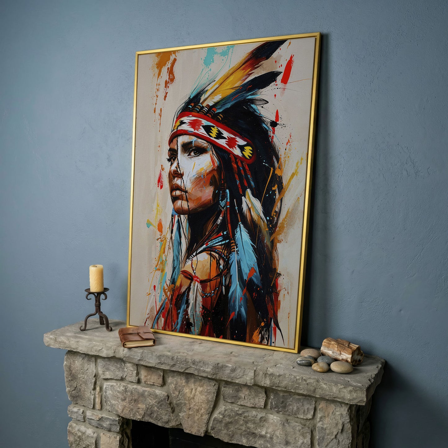 Native American Woman Portrait Canvas in yellow gold floating frame