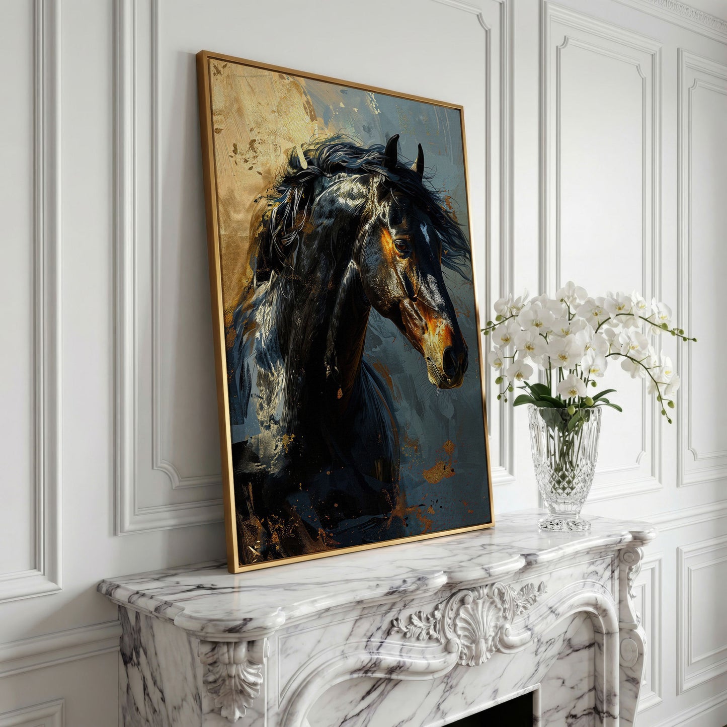 Black Horse Portrait Canvas with Gold Accents in yellow gold floating frame