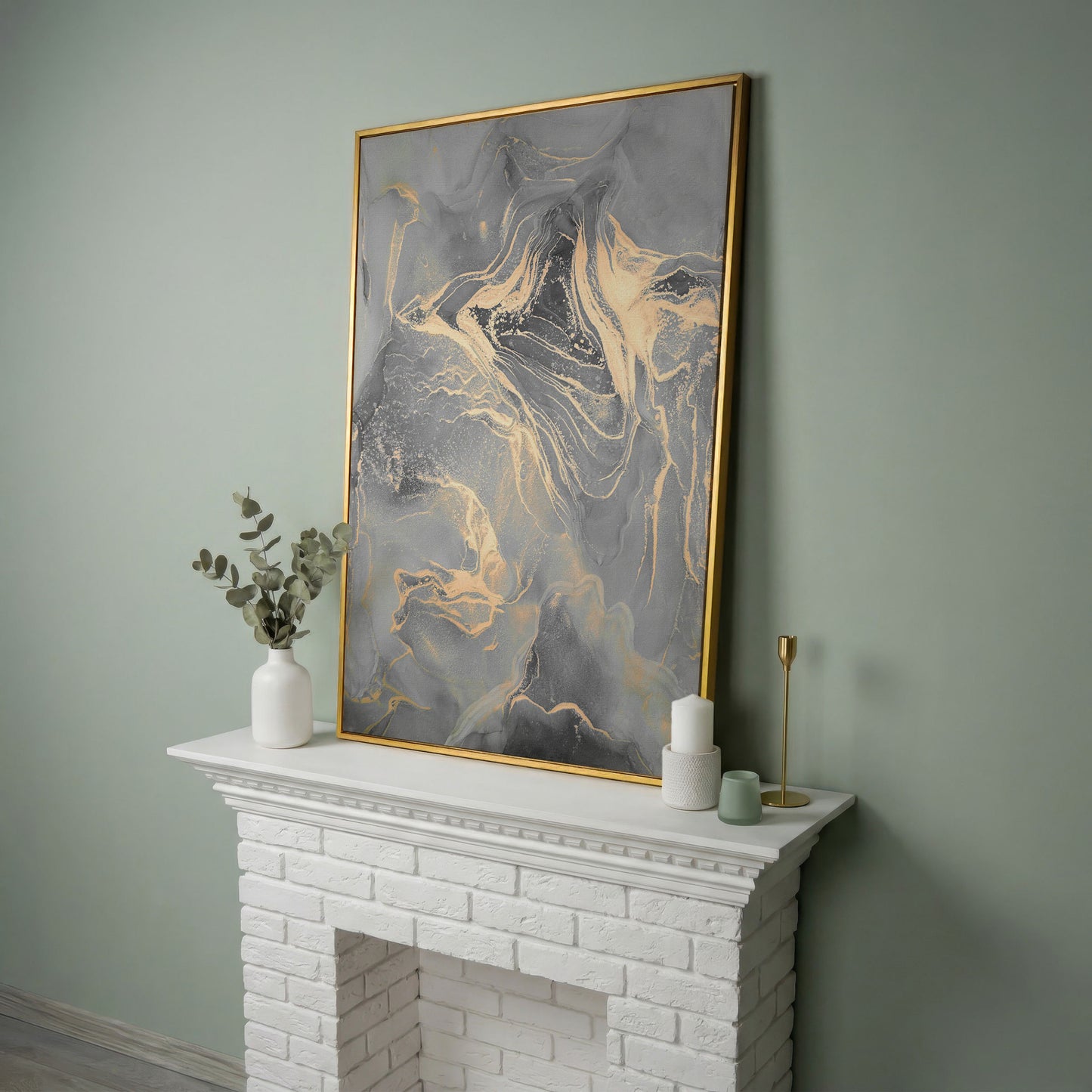 Gray Marble with Golden Veins Canvas Print in yellow gold floating frame