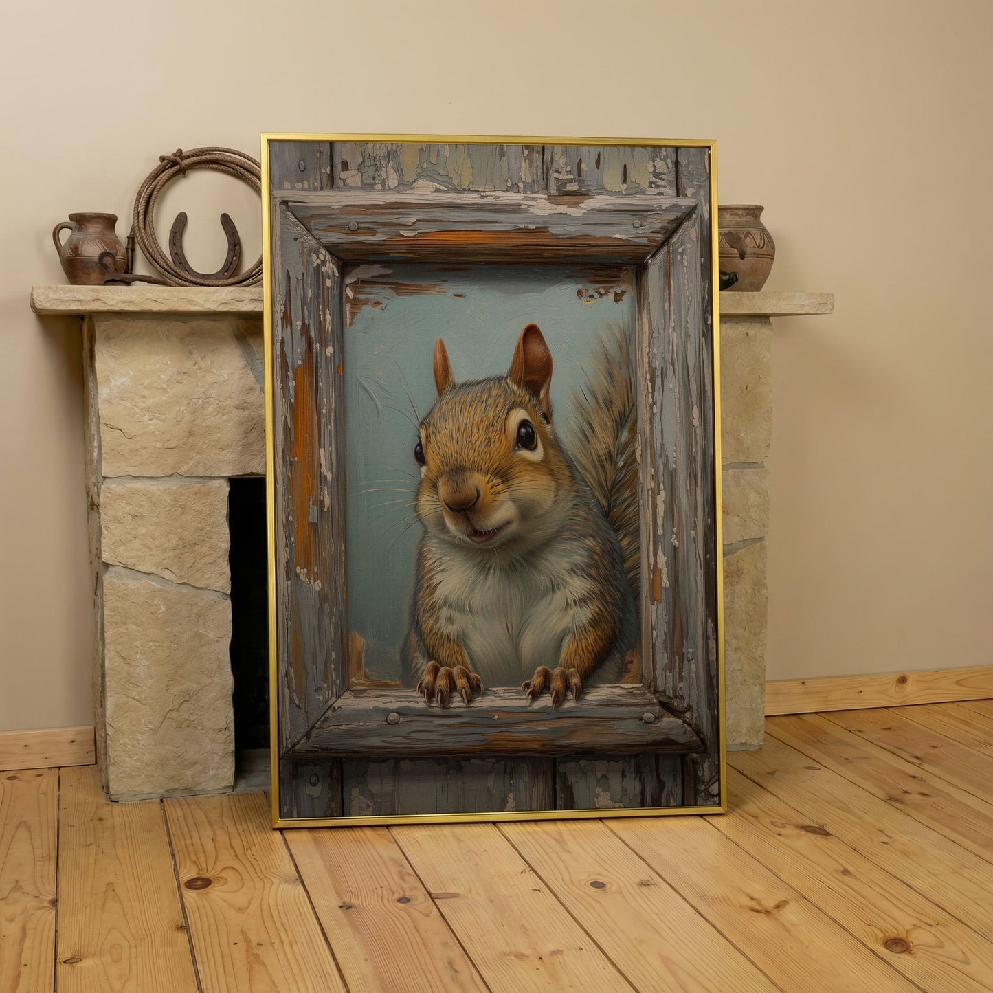 Squirrel Portrait Canvas Wall Art in yellow gold floating frame