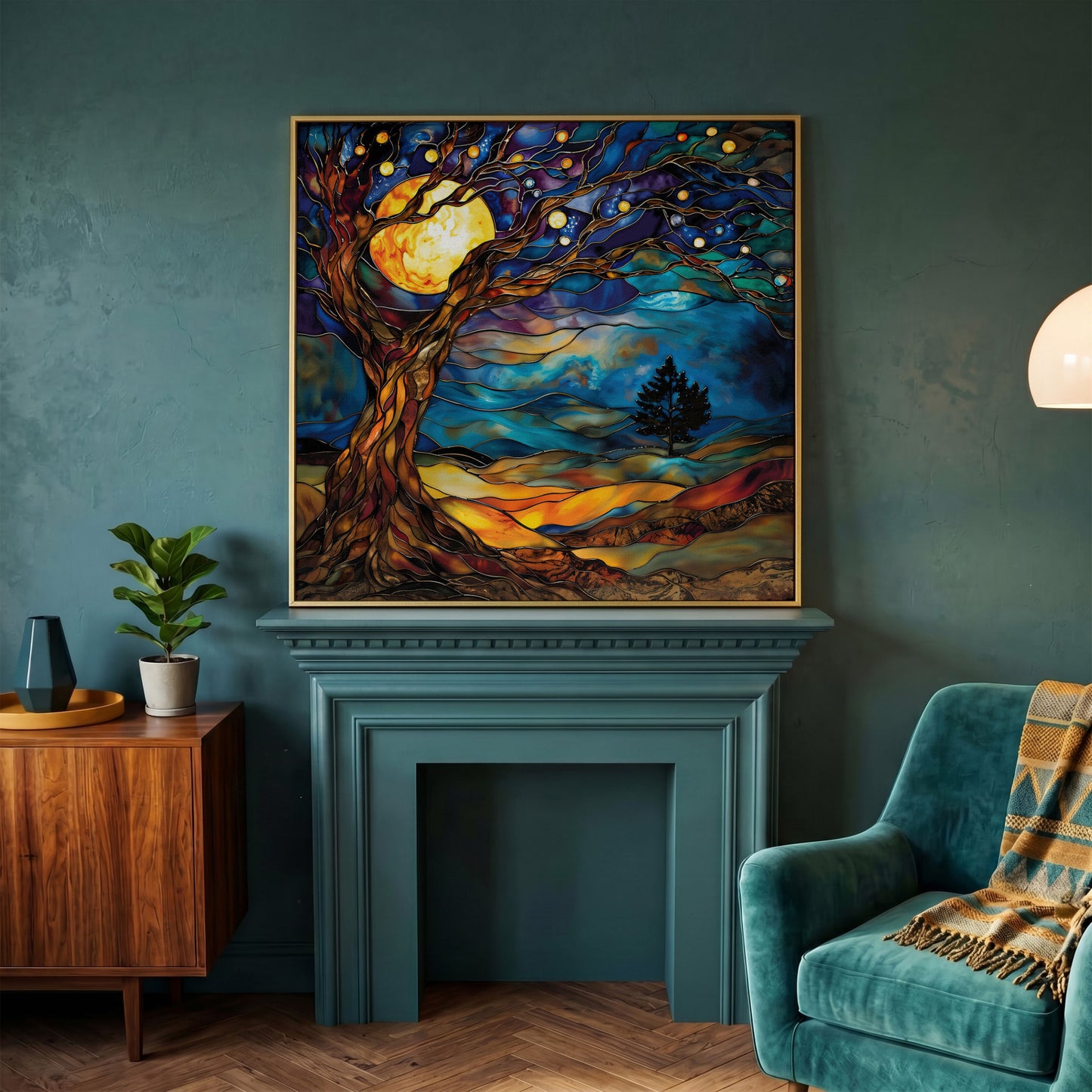 Tree of Life with Moon Canvas in yellow gold floating frame