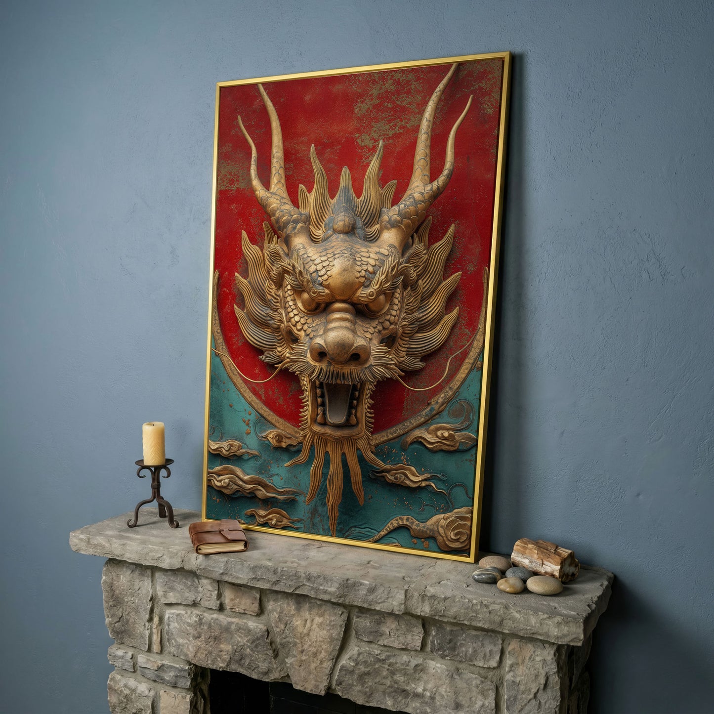 Dragon Canvas Print with Sculptural Relief in Gold and Teal in yellow gold floating frame