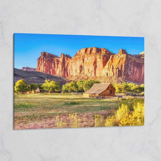 Fruita Barn with Red Rock Cliffs Canvas on gallery wrap