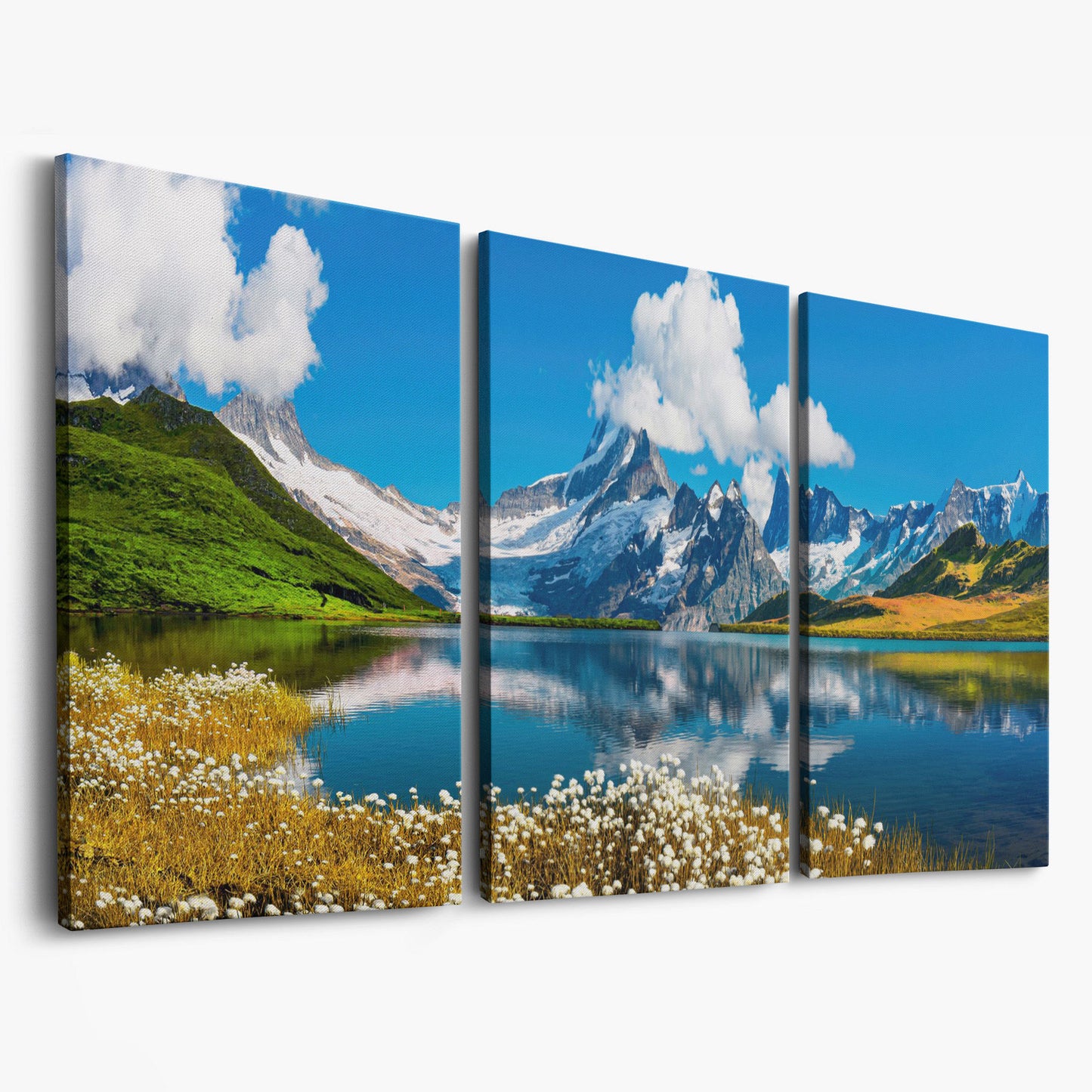 Bachalpsee Lake Panoramic Canvas Print, Swiss Alps as 3-panel split version