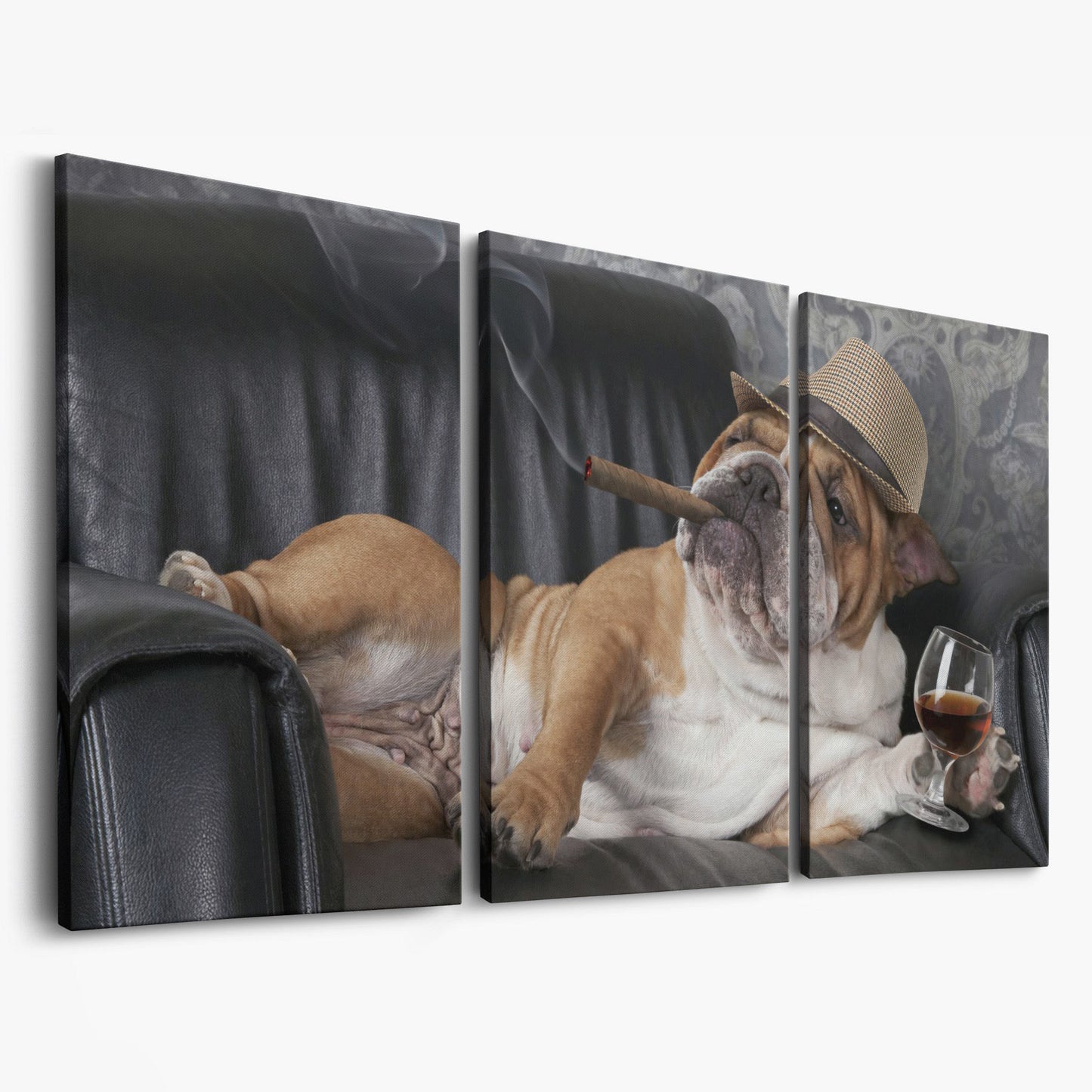 English Bulldog with Cigar and Whiskey Canvas as 3-panel split version
