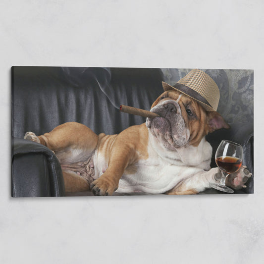 English Bulldog with Cigar and Whiskey Canvas on gallery wrap