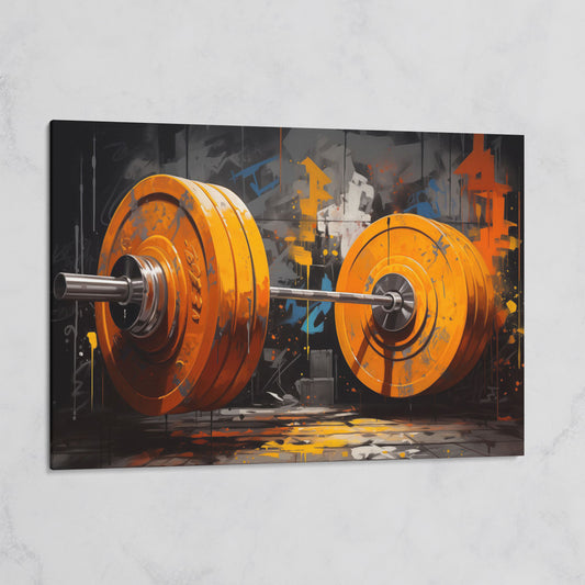 Barbell Canvas. Burnt Orange & Charcoal Gym Art on gallery wrap